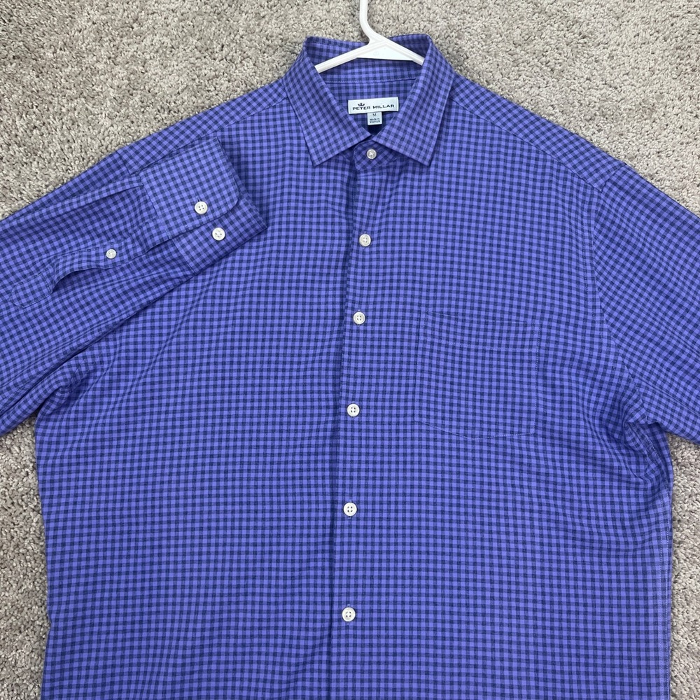 Peter Millar Mens Medium Button Down Blue Gingham Check Dress Shirt Lightweight